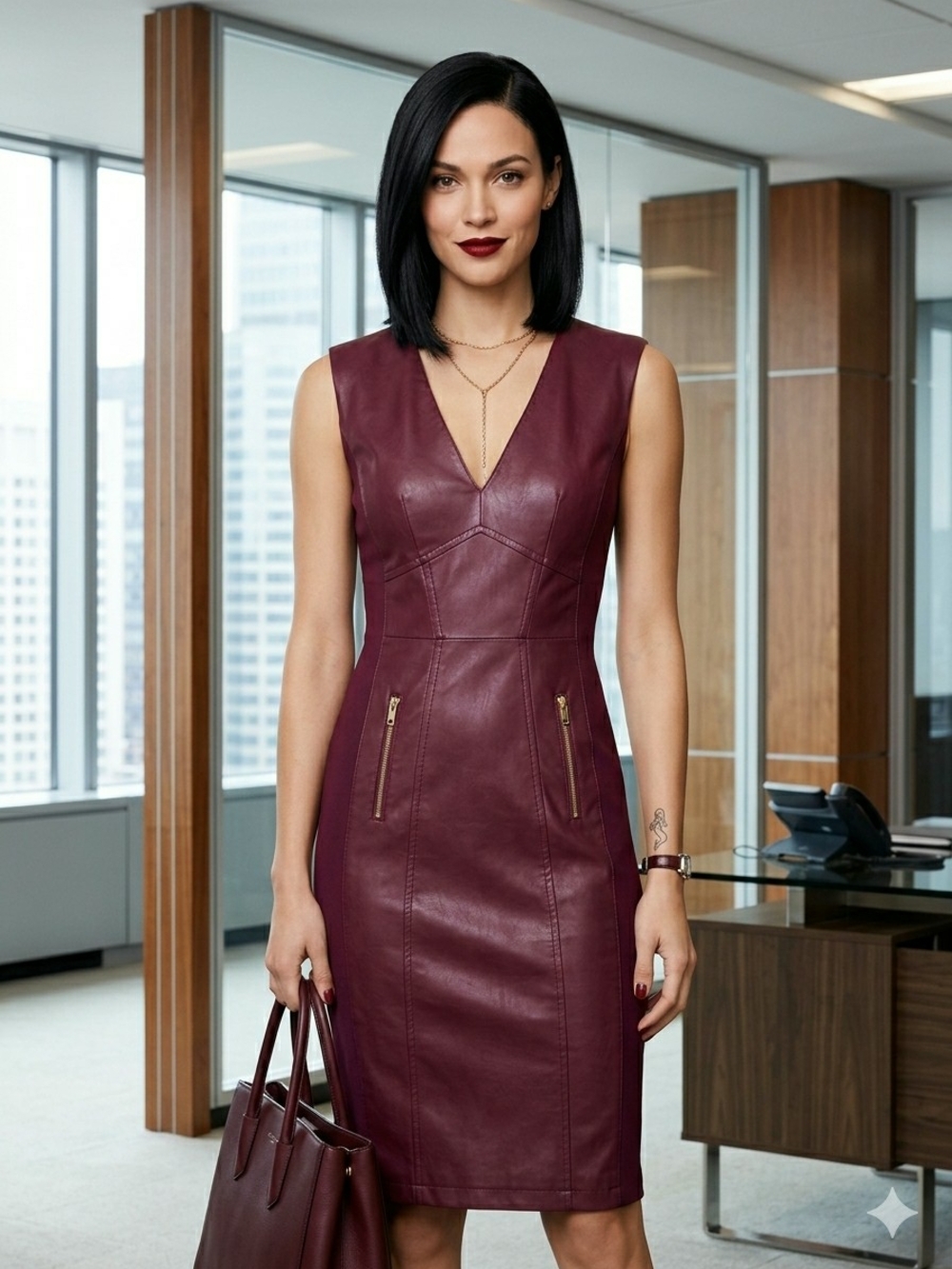 INC Faux Leather Panel Gold Zip V-Neck Sheath Dress Burgundy - Size 0